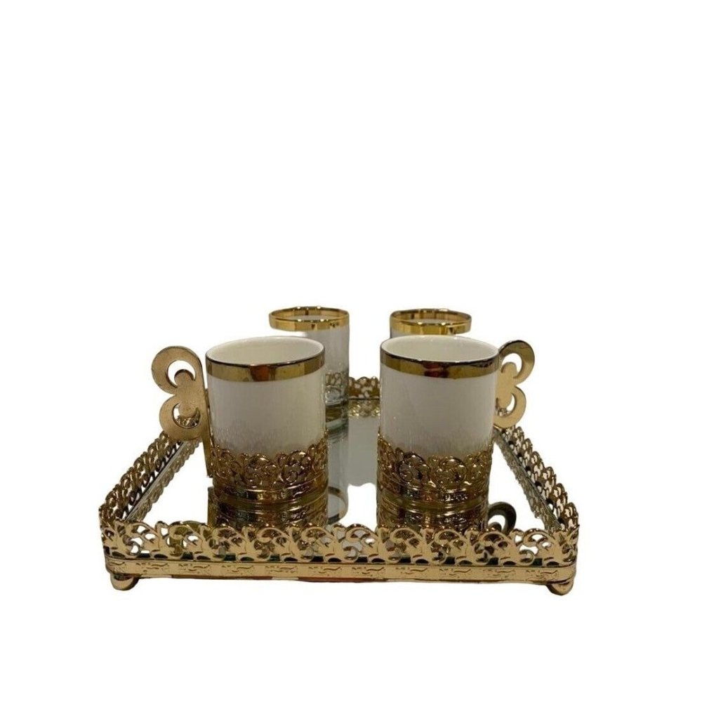 Turkish Gold Mirrored Tray Espresso Cups & Shot Glasses Ottoman Style Set For 2